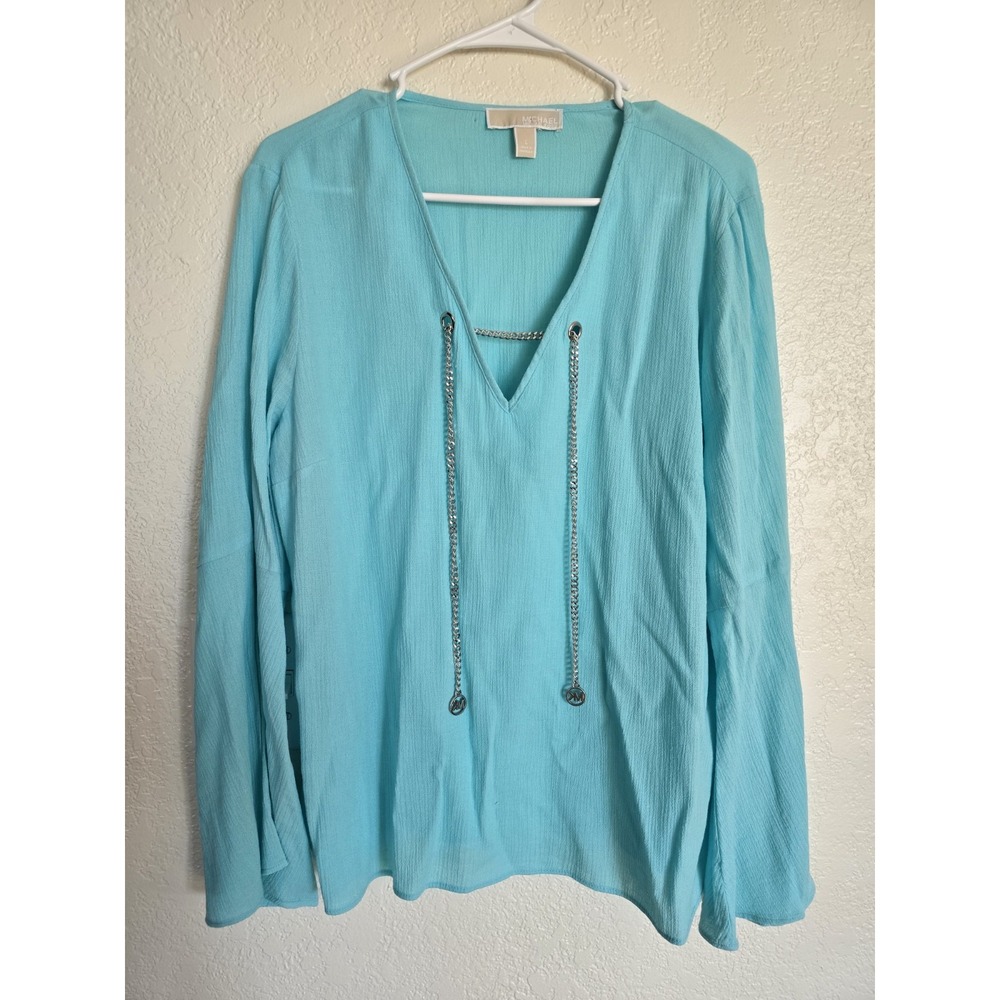 Michael Kors Linen Blouse Long Sleeve Silver Details Large Cool Aqua